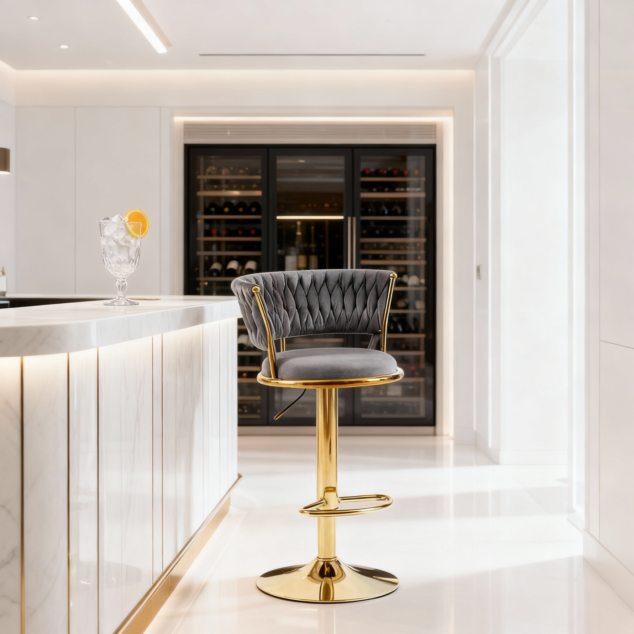 Banco Alto Mitlan con Base Dorada – Tapizado en Terciopelo Premium, Altura Ajustable