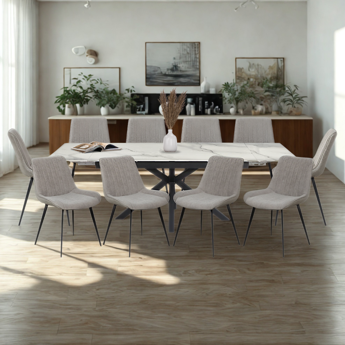 Paquete Mesa Comedor Amalfi white + 10 Sillas Nala Gris