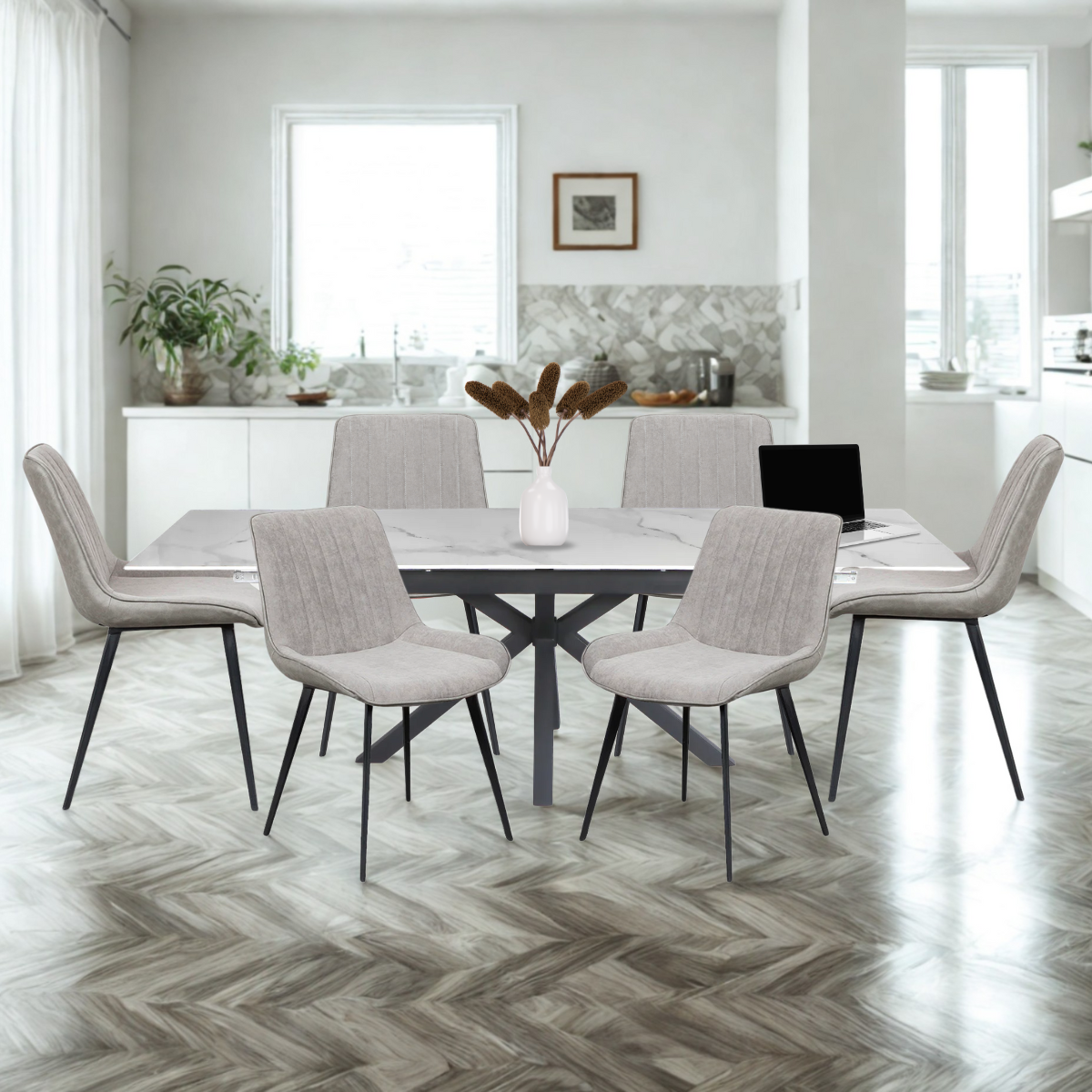 Paquete Mesa Comedor Amalfi white + 6 Sillas Nala Gris