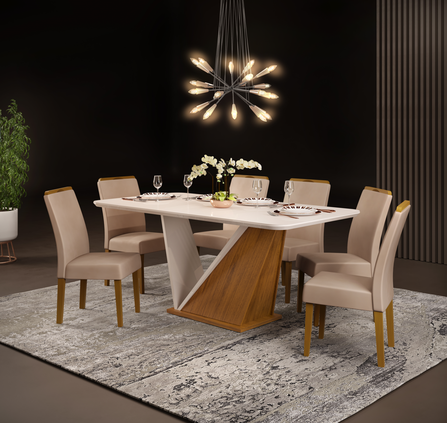 Paquete de Mesa Comedor Forme + 6 Sillas Diana Madeira Lino Nieve