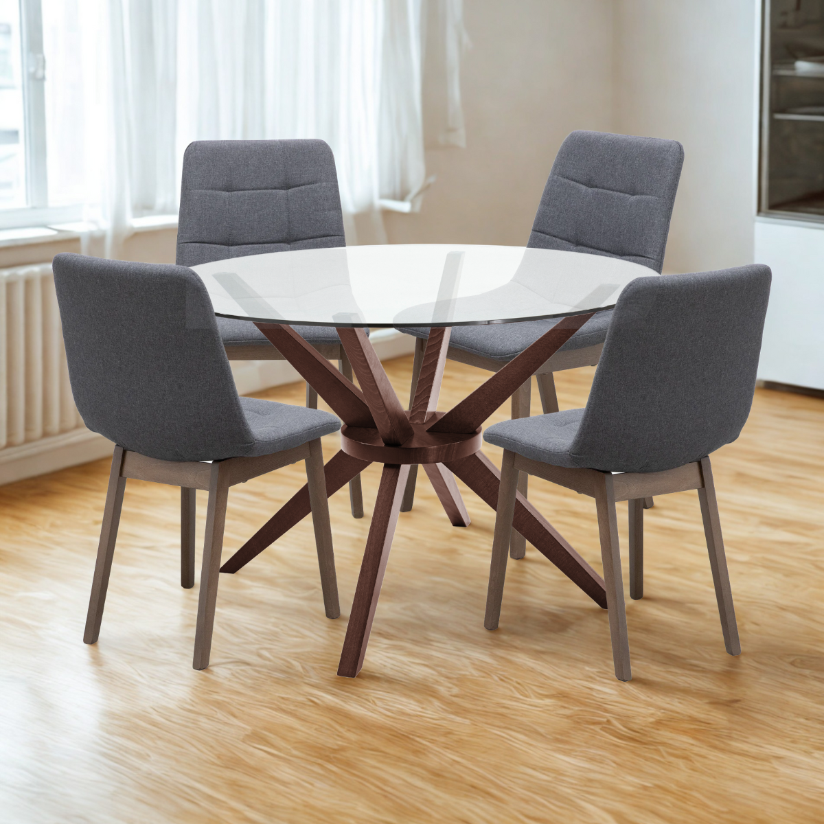 Paquete Mesa Comedor Kuala Redonda / Pata Merlot + 4 Sillas Brass Gris