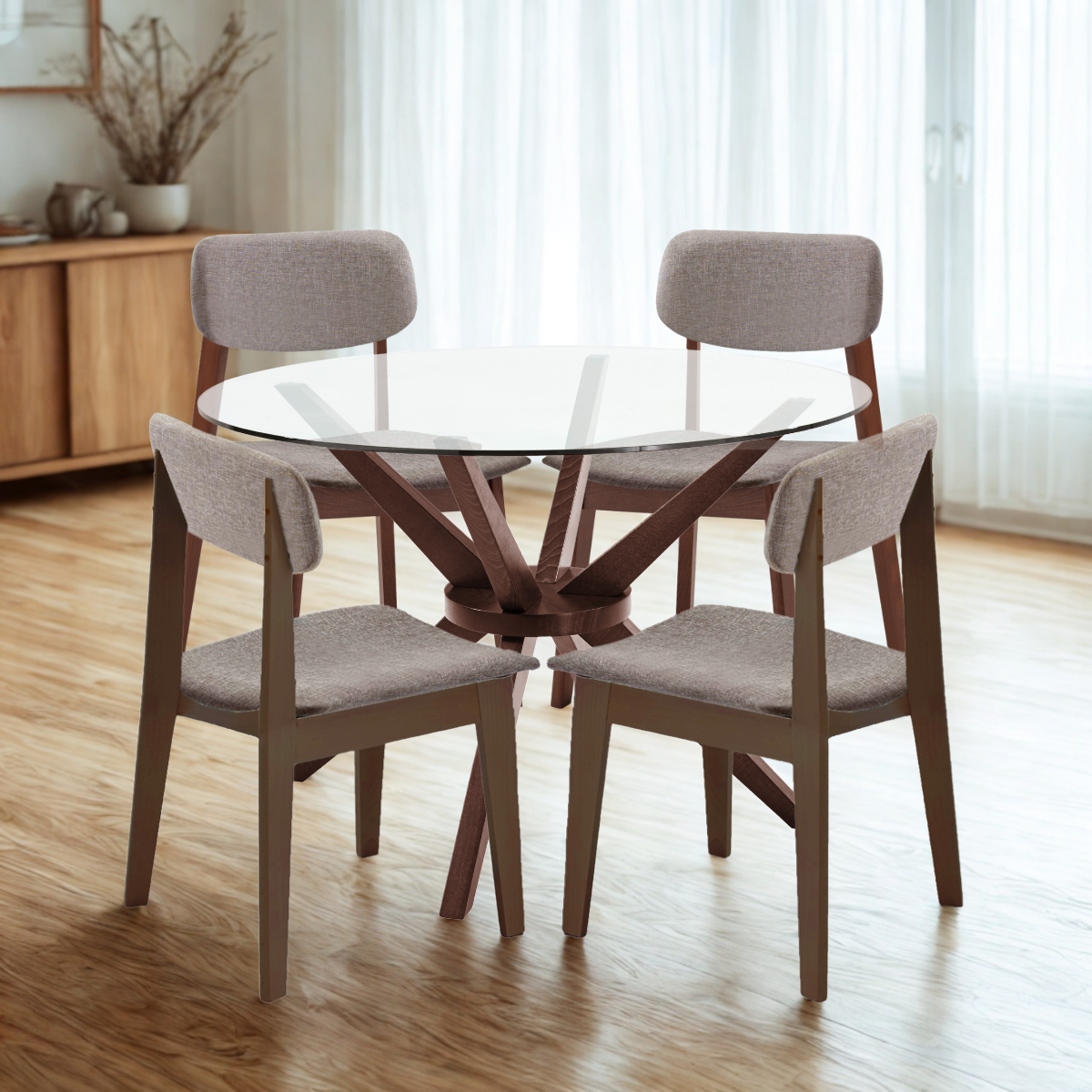 Paquete Mesa Comedor Kuala Redonda / Pata Merlot + 4 Sillas Nizza Camel Merlot