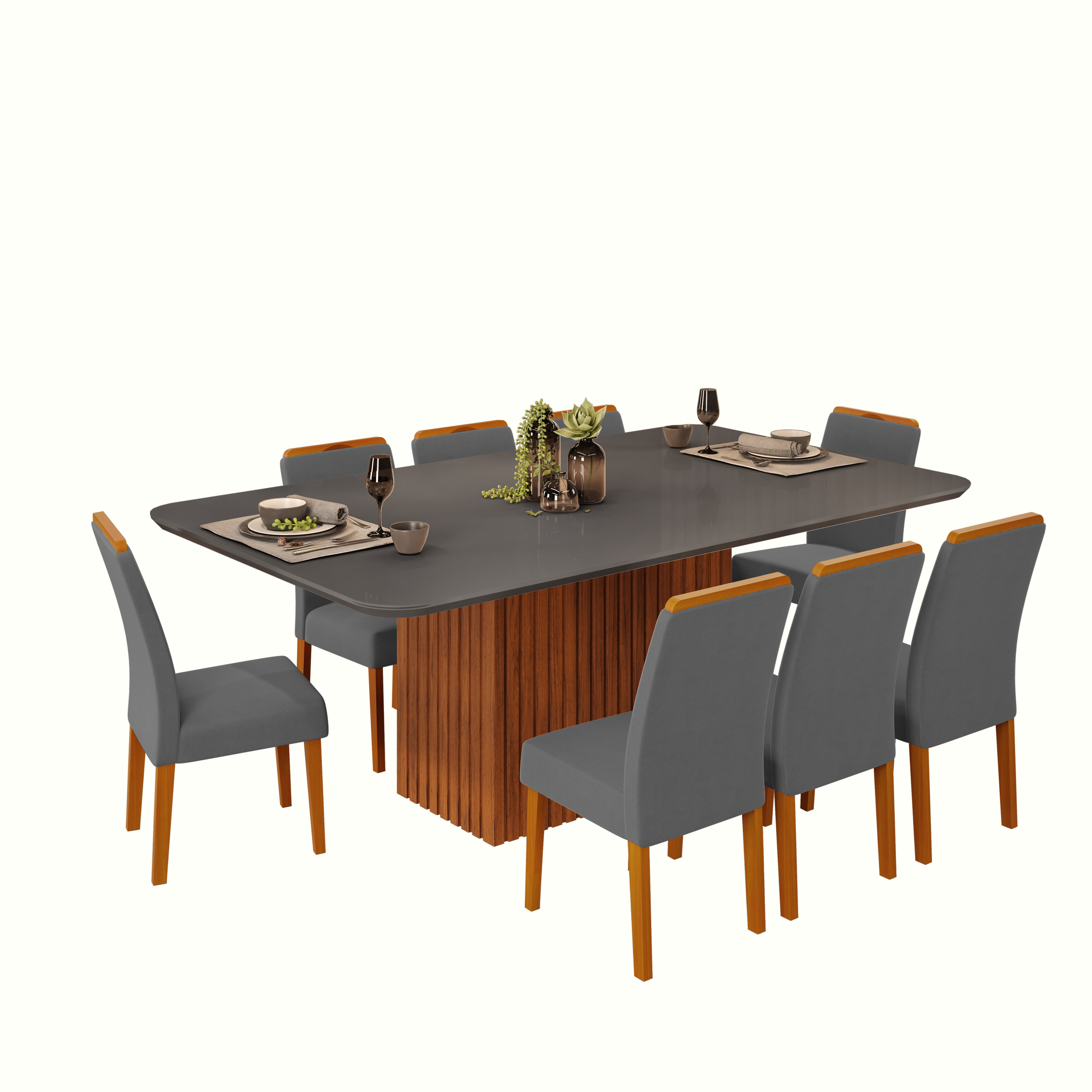Paquete de Mesa Comedor Canes+ 8 Sillas Diana Madeira Veludo Lunar