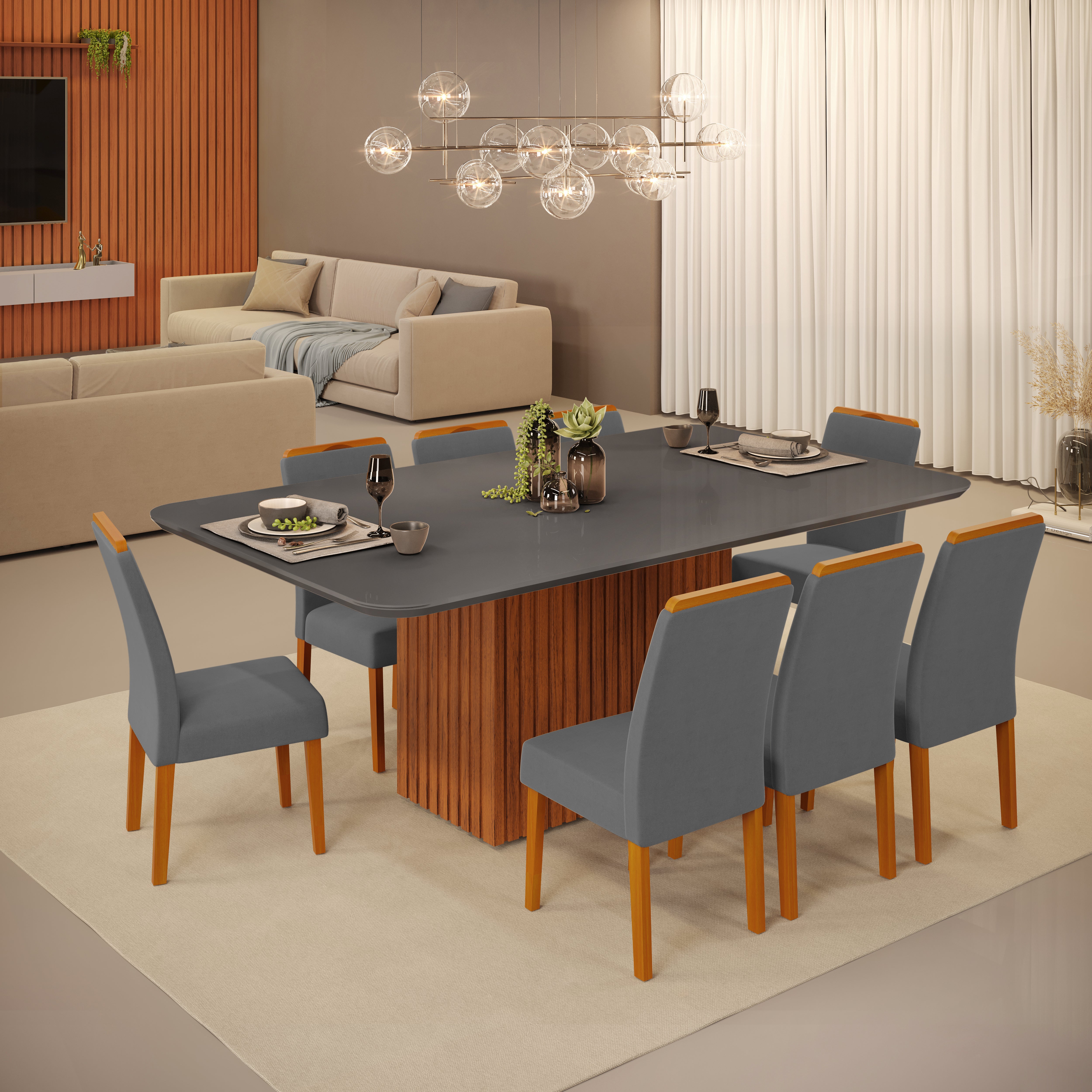 Paquete de Mesa Comedor Canes+ 8 Sillas Diana Madeira Veludo Lunar