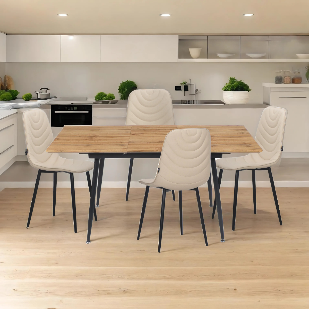 Paquete de Mesa Comedor Minori + 4 Sillas Lia Beige
