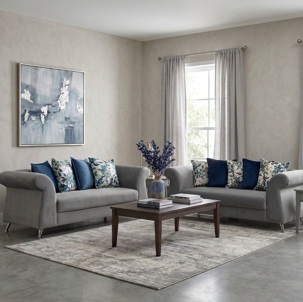 Sala Versage Sofá y Love Seat Gris con Turquesa