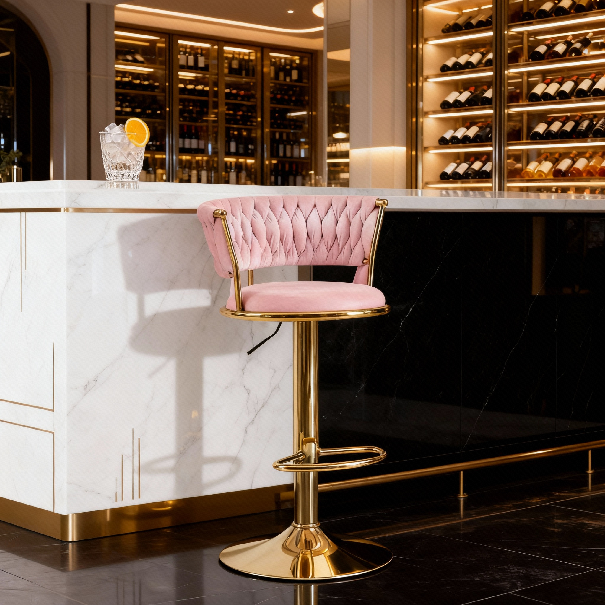 Banco Alto Mitlan con Base Dorada – Tapizado en Terciopelo Premium, Altura Ajustable