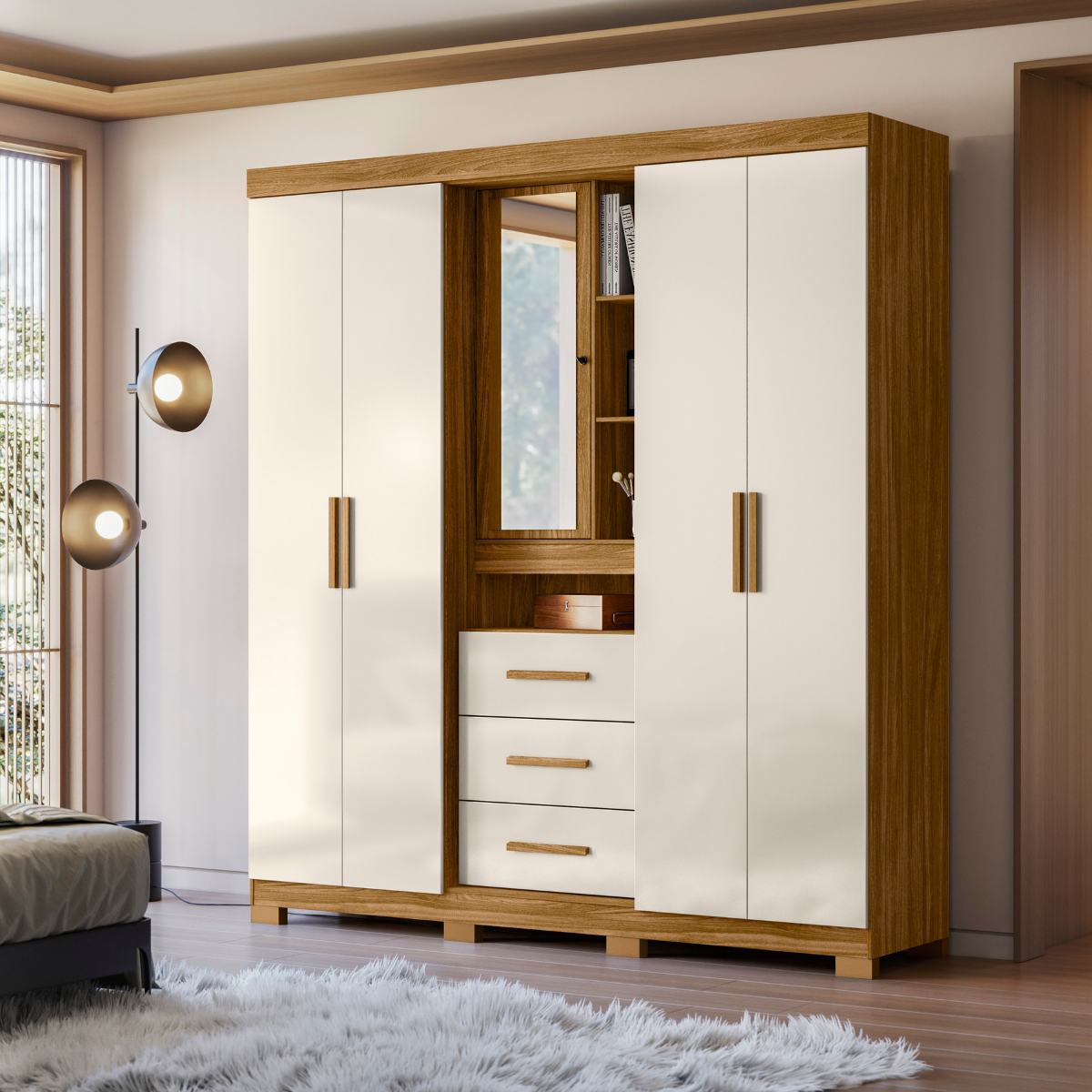 Armario Eldorado color Freijo / Off White (5 puertas y 3 cajones)