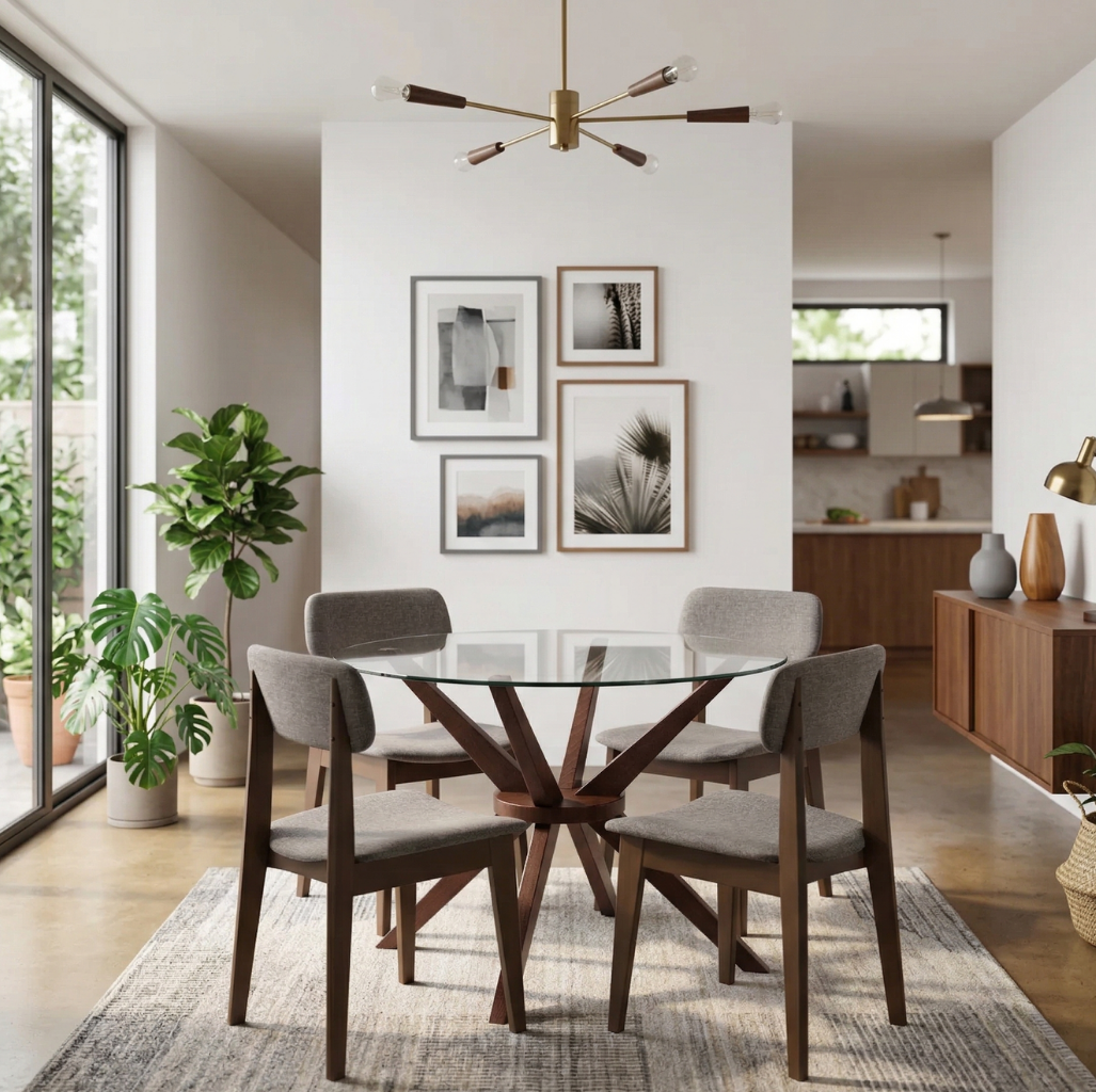 Paquete Mesa Comedor Kuala Redonda / Pata Merlot + 4 Sillas Nizza Camel Merlot