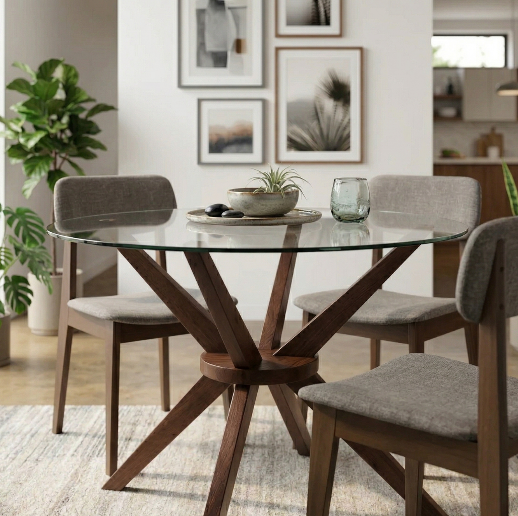 Paquete Mesa Comedor Kuala Redonda / Pata Merlot + 4 Sillas Nizza Camel Merlot