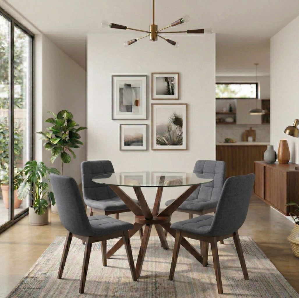 Paquete Mesa Comedor Kuala Redonda / Pata Merlot + 4 Sillas Brass Gris