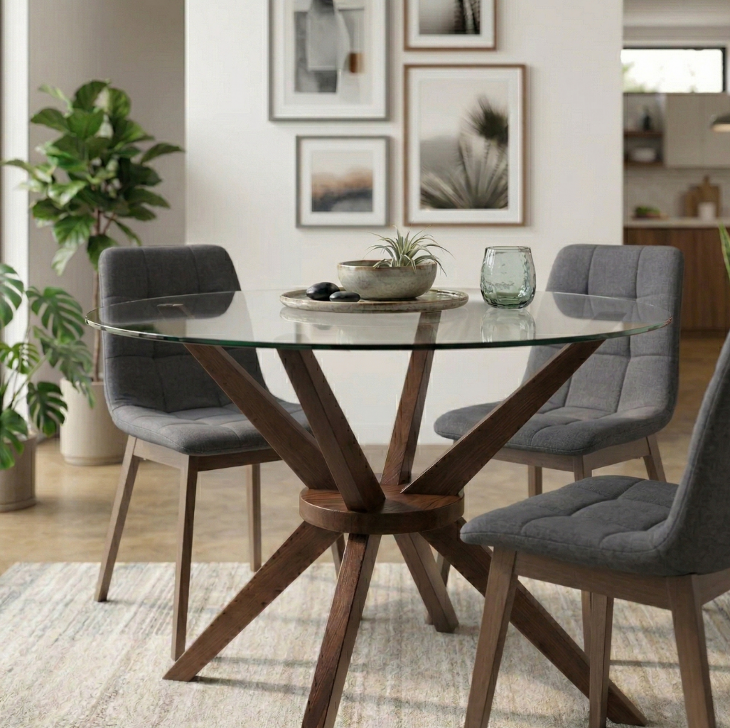 Paquete Mesa Comedor Kuala Redonda / Pata Merlot + 4 Sillas Brass Gris