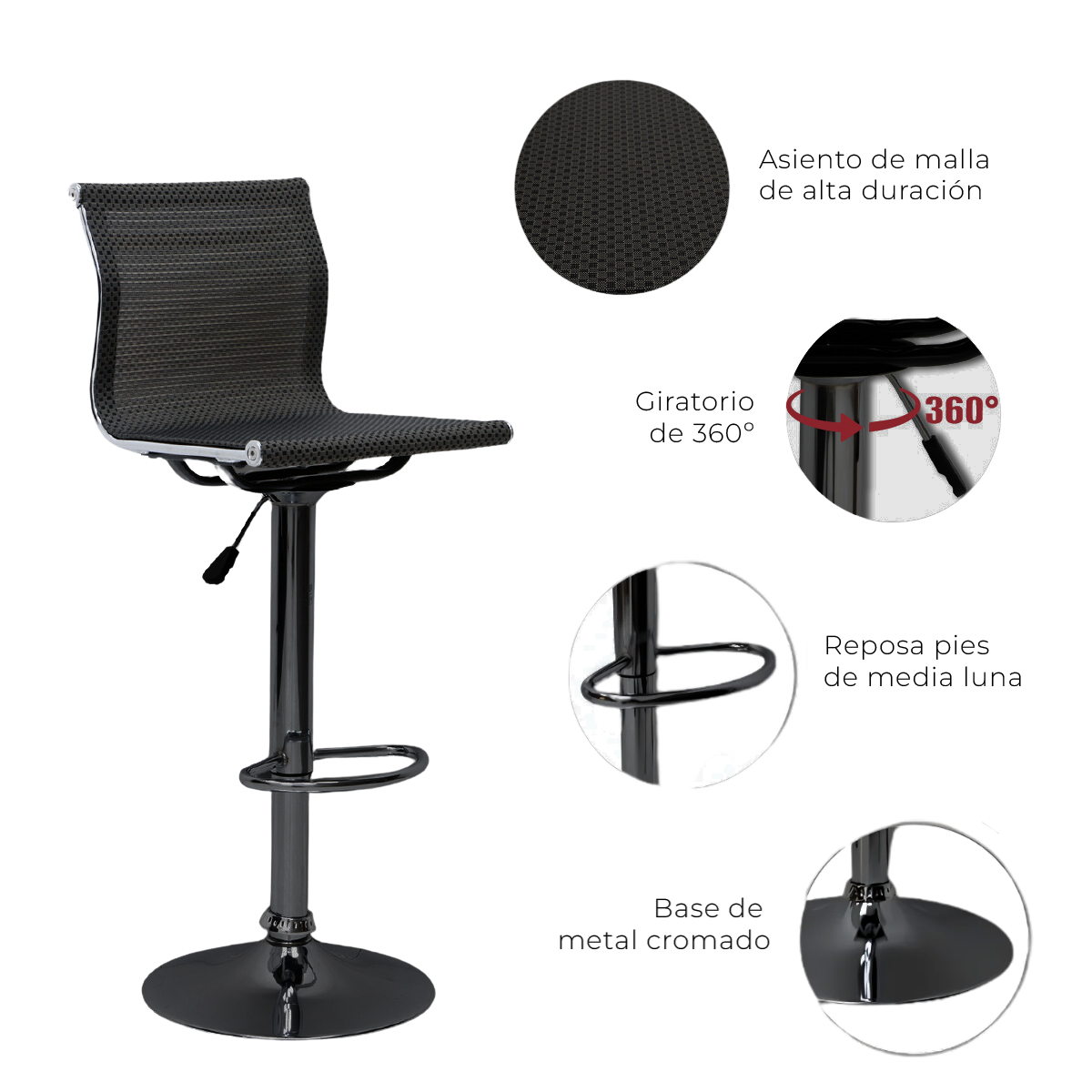Paquete de 4 Bancos Para Barra Kent Plata con Base Negra Mate