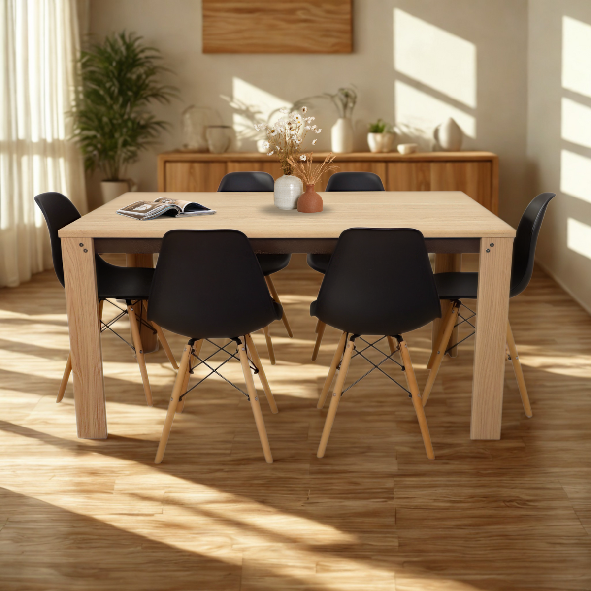 Paquete de Mesa Comedor Lana Nogal Claro + 6 sillas Croswod estilo Eames
